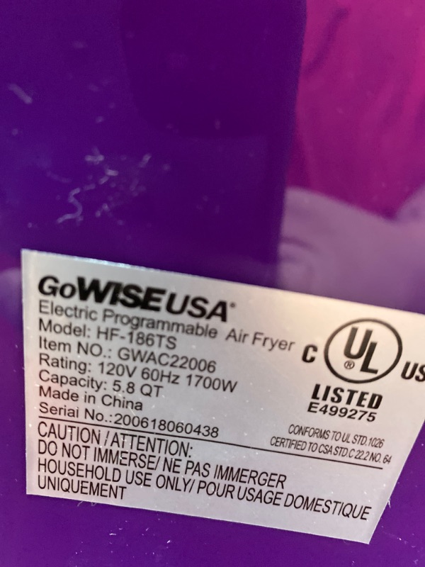 Photo 3 of ***PARTS ONLY*** GoWISE USA 5.8-Quart Programmable 8-in-1 Air Fryer XL + Recipe Book (Plum)
