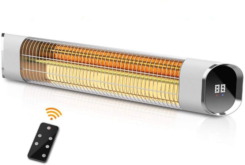 Photo 1 of Electric Patio Heater, 1500W Outdoor Infrared Space Heater Wall Mount with Aluminum Alloy, Remote Control & LED Display, Ideal for Backyard Porch Garage, Super Quiet and 24H Timer, Gold Tube, Silver
