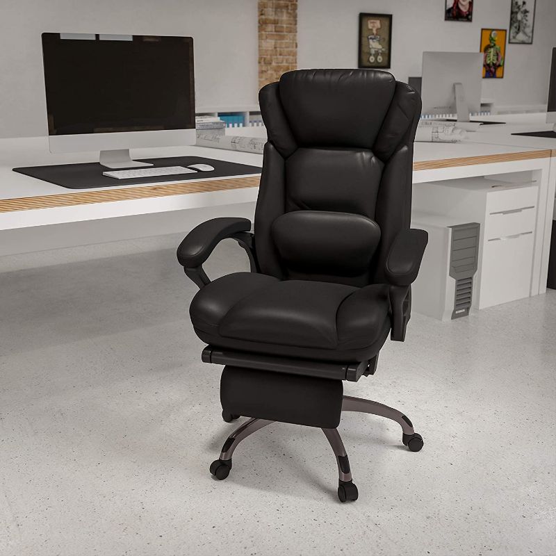 Photo 1 of Flash Furniture High Back Black LeatherSoft Executive Reclining Ergonomic Swivel Office Chair with Outer Lumbar Cushion and Arms
