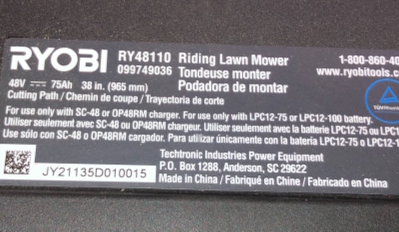 Photo 26 of RYOBI 48-Volt Brushless 38 in. 75 Ah Battery Electric Rear Engine Riding Lawn Mower and Bagging Kit