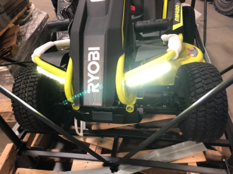 Photo 25 of RYOBI 48-Volt Brushless 38 in. 75 Ah Battery Electric Rear Engine Riding Lawn Mower and Bagging Kit