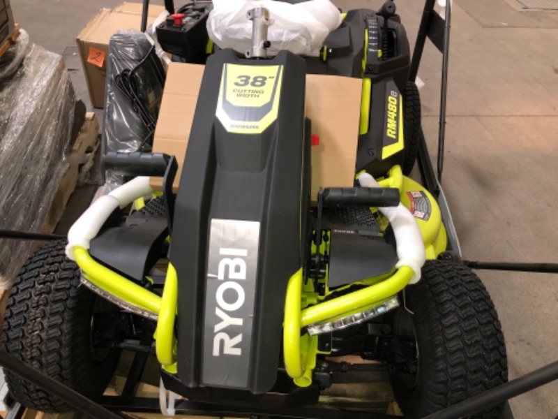 Photo 14 of RYOBI 48-Volt Brushless 38 in. 75 Ah Battery Electric Rear Engine Riding Lawn Mower and Bagging Kit