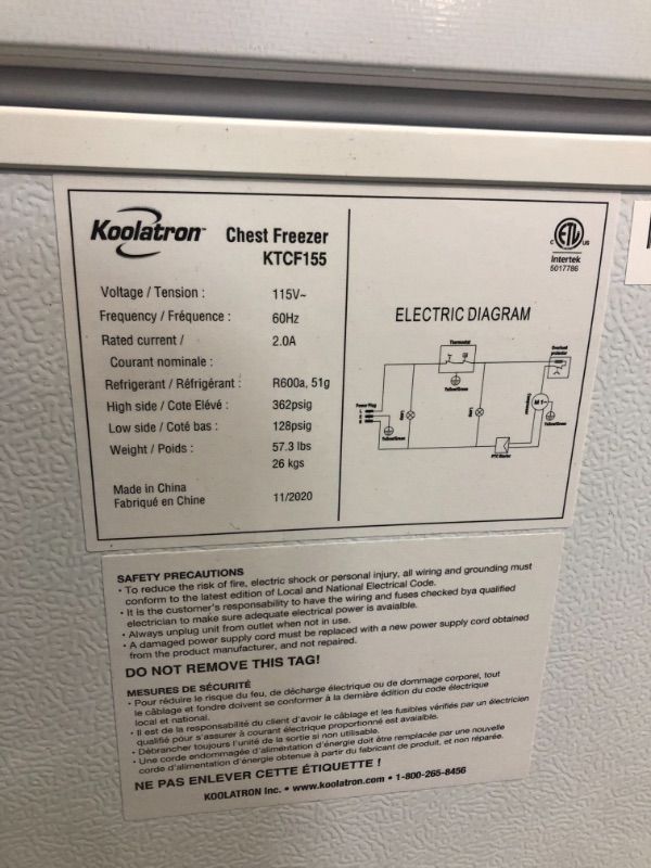 Photo 1 of PARTS ONLY !  Koolatron Ktcf155 5.5 Cubic Foot (155 Liters) Chest Freezer with Adjustable Thermostat White-UNFUNCTIONAL 
