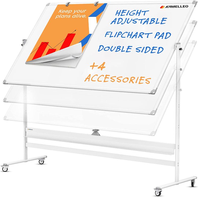 Photo 1 of Magnetic Mobile Whiteboard 60” x 46” - Double-Sided, Height-Adjustable - 4 Free Accessories (A1 Flipchart & Holders/Eraser/Clock) - 2X More...