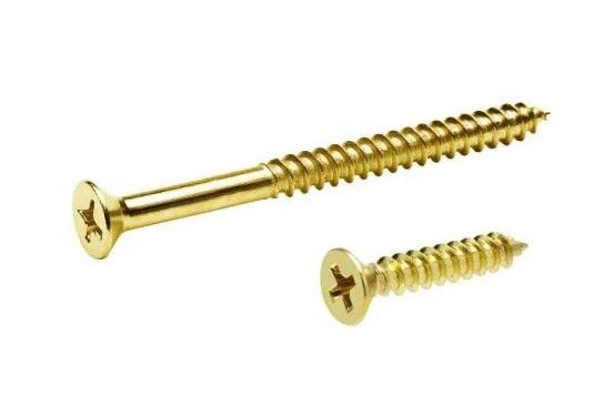 Photo 1 of #9 x 1 in. and #9 x 2-1/4 in. Phillips Flat-Head Satin Brass Wood Screws (21-Pack)
