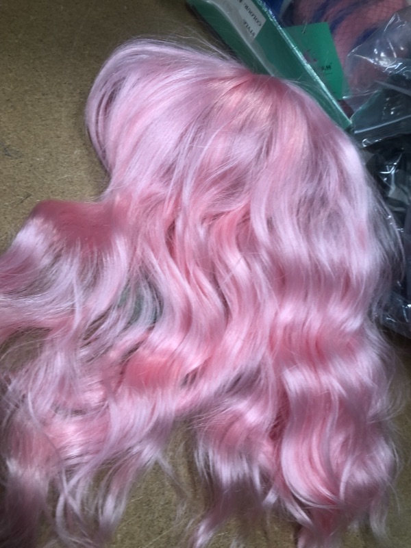 Photo 1 of Pink Wigs for Women Pastel Short Bob Wavy Wig with Bangs Light Pink Shoulder Length Synthetic Party Cosplay Wig for Costume
