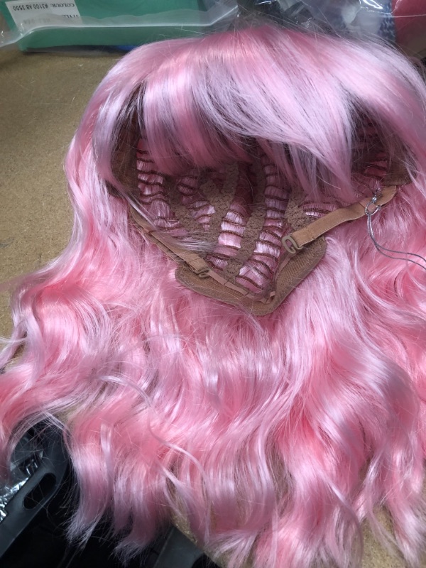 Photo 1 of Pink Wigs for Women Pastel Short Bob Wavy Wig with Bangs Light Pink Shoulder Length Synthetic Party Cosplay Wig for Costume
