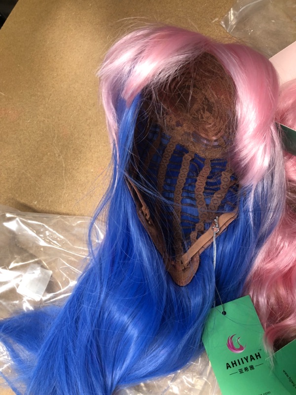 Photo 3 of Pink Blue Wigs with Bangs Ombre Straight for Women Pastel Natural Looking Colored Cosplay Party Wig Heat Resistant Daily Use
