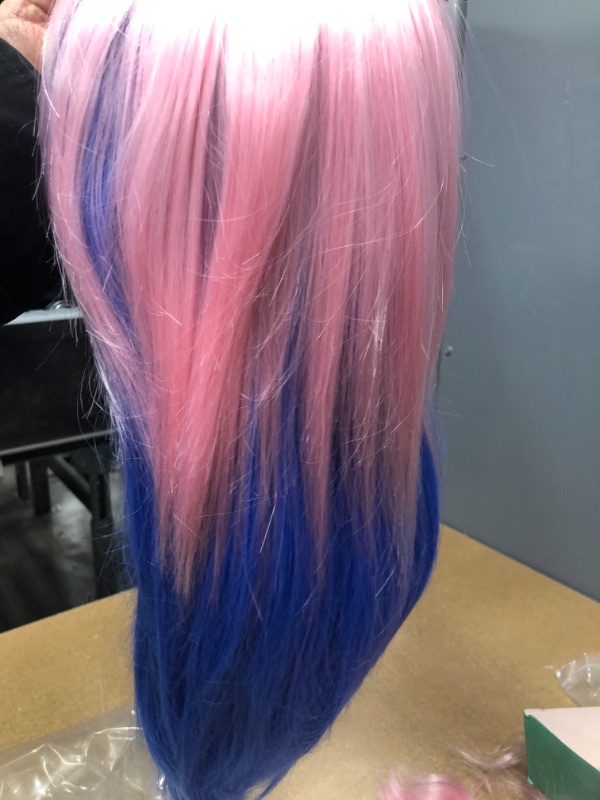 Photo 2 of Pink Blue Wigs with Bangs Ombre Straight for Women Pastel Natural Looking Colored Cosplay Party Wig Heat Resistant Daily Use
