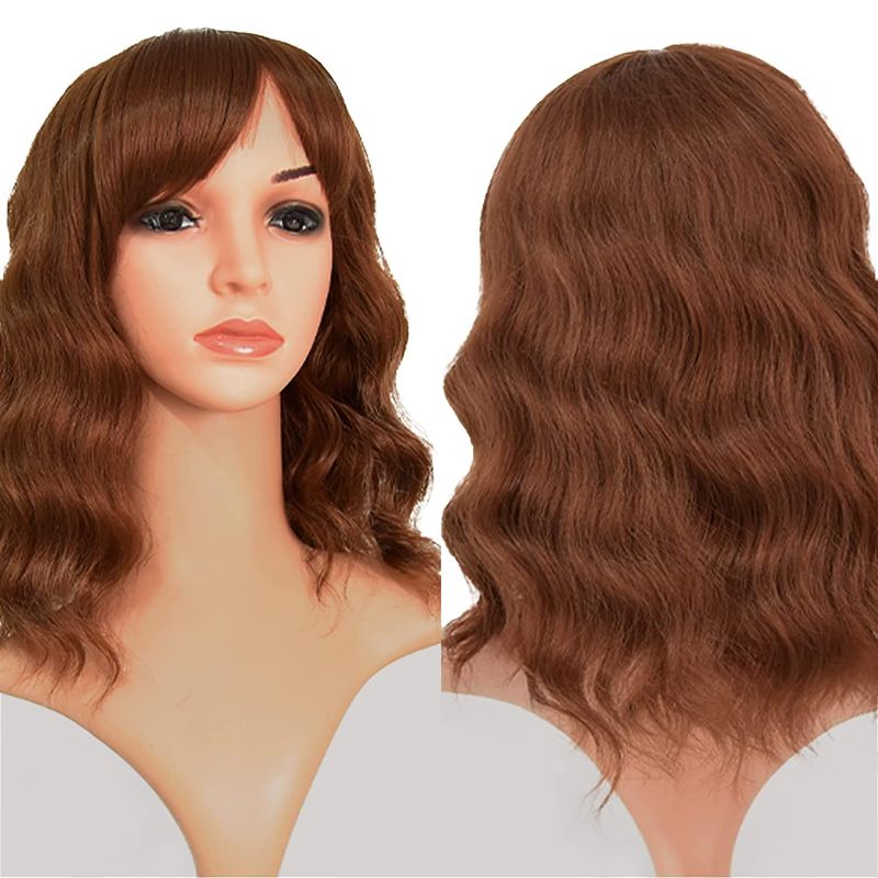 Photo 1 of Brown Wavy Wig for Women Short Bob Wig with Bangs Shoulder Length for Cosplay Party Costumes Heat Resistant Synthetic Wigs
