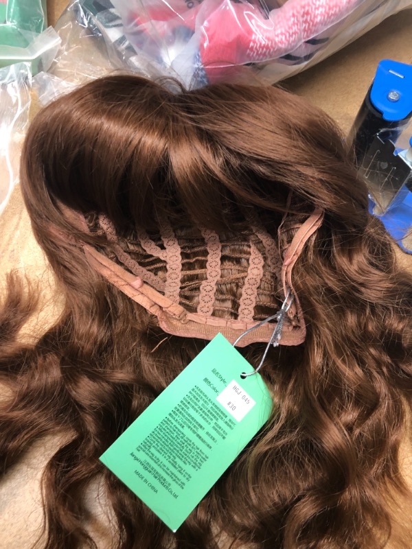Photo 1 of Brown Wavy Wig for Women Short Bob Wig with Bangs Shoulder Length for Cosplay Party Costumes Heat Resistant Synthetic Wigs
