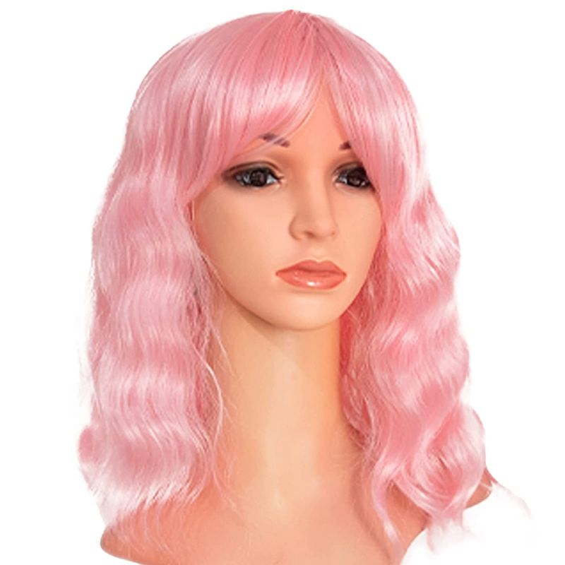 Photo 1 of Pink Wigs for Women Pastel Short Bob Wavy Wig with Bangs Light Pink Shoulder Length Synthetic Party Cosplay Wig for Costume