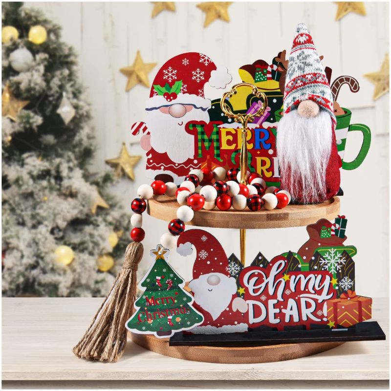 Photo 1 of 2 PACK Christmas Tiered Tray Decoration Set Indoor - Merry Christmas Wooden Signs & Buffalo Plaid Gnomes Plush Set - Farmhouse Rustic Tiered Tray Country Decor for Home Room Table Mantle Fireplace?4pcs?  