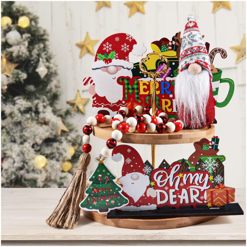 Photo 2 of 2 PACK Christmas Tiered Tray Decoration Set Indoor - Merry Christmas Wooden Signs & Buffalo Plaid Gnomes Plush Set - Farmhouse Rustic Tiered Tray Country Decor for Home Room Table Mantle Fireplace?4pcs?  
