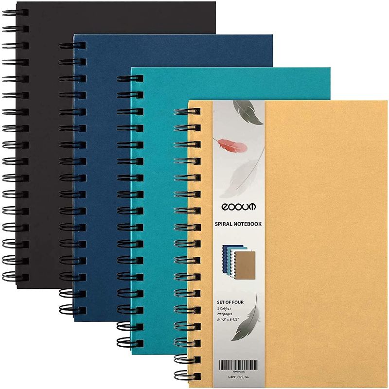 Photo 1 of EOOUT 4 Pack Ruled Spiral Notebook, A5 Spiral Journal, Hardcover College Ruled Notebooks, 3 Subject with Removable Dividers, 4 Assorted Colors, 5.5"x8.5", for Work, School Supplies, Gifts
