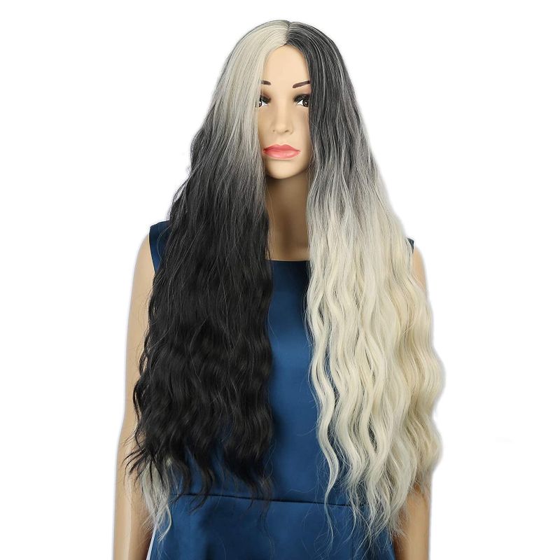 Photo 1 of Long Cosplay Curly Wavy Wig Women's Wig Syntheic Wig for Costume Cosplay Party Halloween Anime Wigs (28" Black Mixed White) (comes with 2 clip on strip pieces, yellow and pink!)