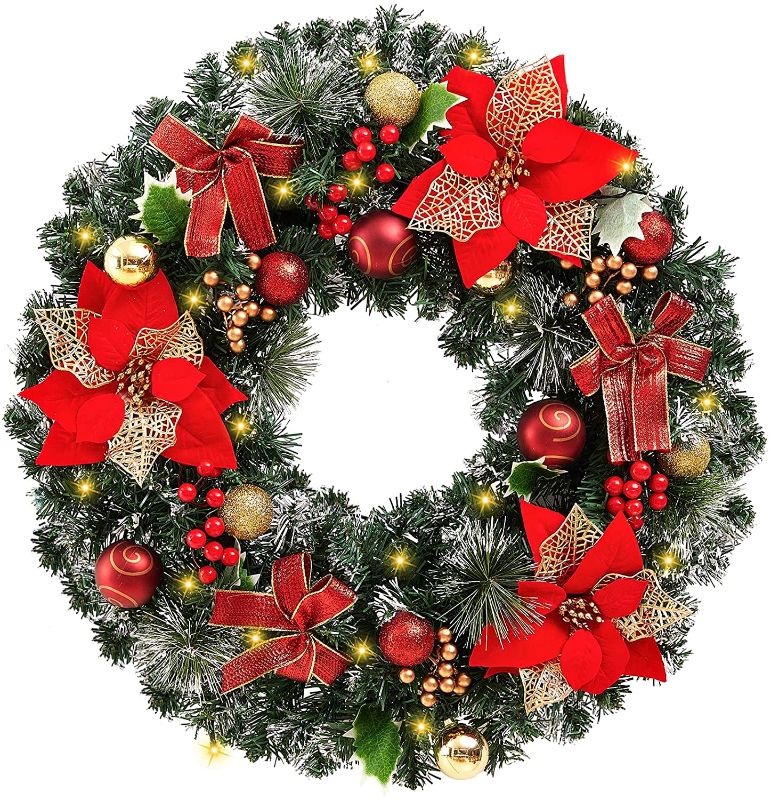 Photo 1 of 
22 Inch Pre-lit Christmas Wreath Decoration, Traditional Red and Gold, Lighted Xmas Wreaths with Poinsettia