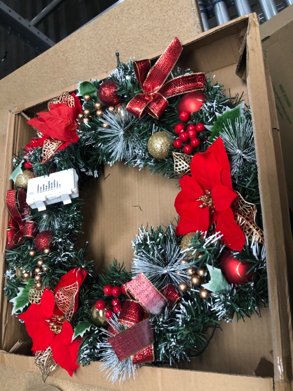 Photo 2 of 
22 Inch Pre-lit Christmas Wreath Decoration, Traditional Red and Gold, Lighted Xmas Wreaths with Poinsettia