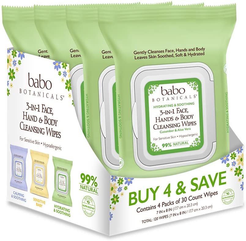 Photo 1 of Babo Botanicals Swim & Sport 3-in-1 Face, Hand & Body Wipes with Natural Cucumber and Aloe Vera, Hypoallergenic, Vegan, 30 Count (Pack of 4)

