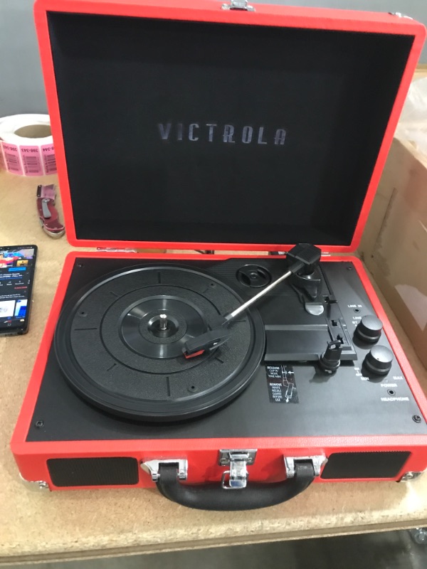 Photo 2 of Victrola Vintage 3-Speed Bluetooth Portable Suitcase Record Player with Built-in Speakers | Upgraded Turntable Audio Sound| Includes Extra Stylus | Red, 1SFA (VSC-550BT-RD)
