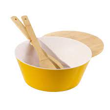 Photo 1 of 10.23 in. L x 10.32 in. W x 4.3 in. H 93 oz. Yellow Melamine Salad Serve Set with Bamboo utensils and lid
