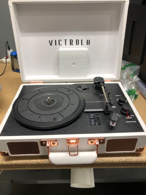 Photo 2 of Victrola Vintage 3-Speed Bluetooth Portable Suitcase Record Player with Built-in Speakers | Upgraded Turntable Audio Sound| Includes Extra Stylus | White Rose Gold (VSC-550BT-WRG)
