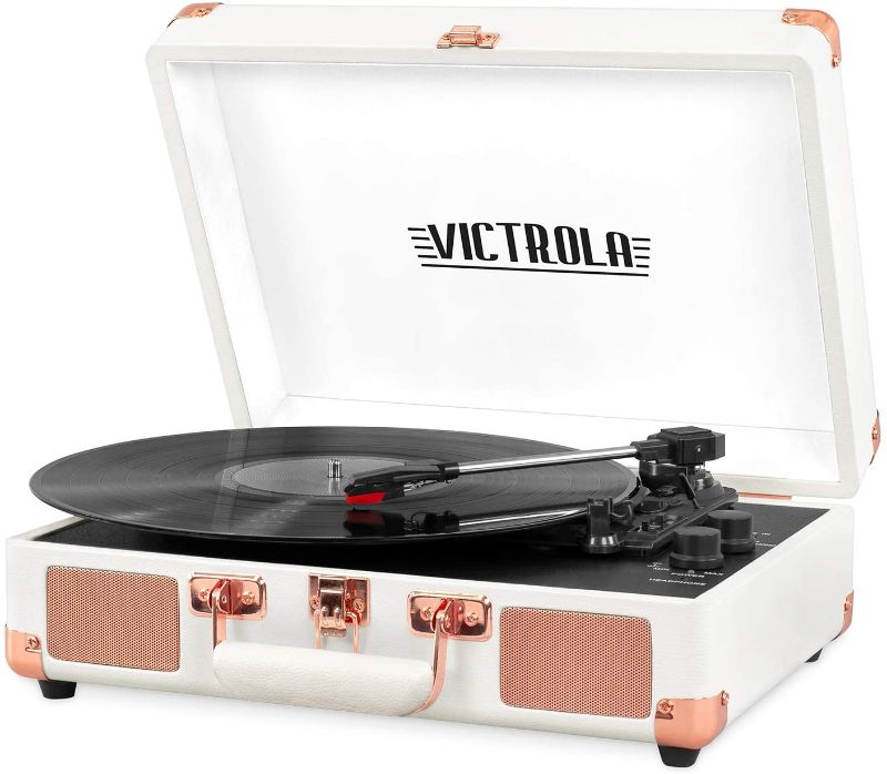 Photo 1 of Victrola Vintage 3-Speed Bluetooth Portable Suitcase Record Player with Built-in Speakers | Upgraded Turntable Audio Sound| Includes Extra Stylus | White Rose Gold (VSC-550BT-WRG)
