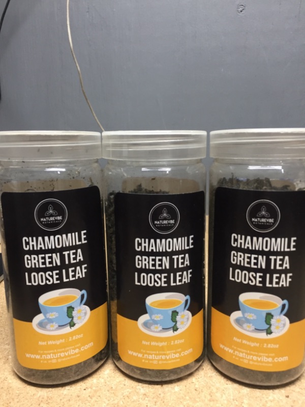 Photo 1 of SOLD AS IS EXPIRES 2-2023, 3 PACKS OF Naturevibe Botanicals Chamomile Green Tea Loose Leaf (2.82oz) | Soothing Effect | Smooth and Sweet Infusion | Fresh Tea Leaves NOT REFUNDABLE.
