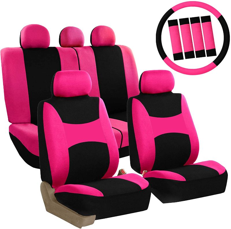 Photo 1 of FH Group FB030PINK-COMBO Seat Cover Combo Set with Steering Wheel Cover and Seat Belt Pad (Airbag Compatible and Split Bench Pink)
