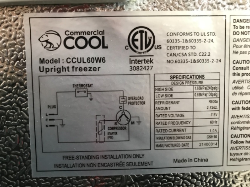 Photo 3 of ***PARTS ONLY*** Commercial Cool Upright Freezer, Stand Up Freezer 6 Cu Ft with Reversible Door, White
