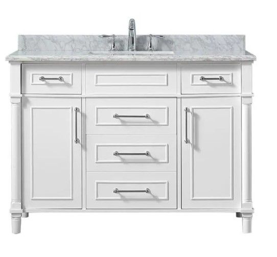 Photo 1 of Aberdeen 48 in. W x 22 in. D Vanity in White with Carrara Marble Top with White Sink
