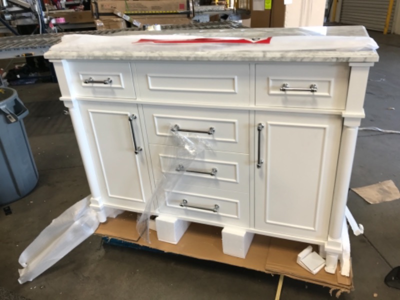 Photo 5 of Aberdeen 48 in. W x 22 in. D Vanity in White with Carrara Marble Top with White Sink
