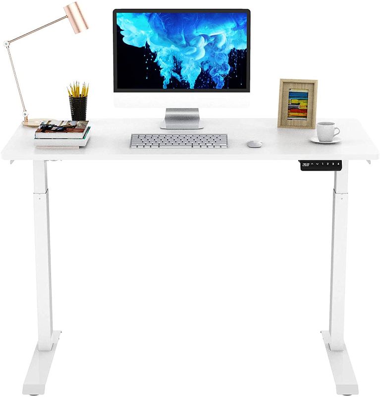 Photo 1 of Flexispot Quick Install Standing Desk Electric Height Adjustable Desk for Home Office 48 x 24 Inches Sit Stand Desk Whole Piece Desk Board with Memory (48x24 w/Memory Key, White)
