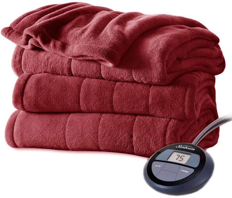 Photo 1 of Sunbeam Channeled Soft Microplush Electric Heated Warming Blanket Twin Garnet Red Washable Auto Shut Off 10 Heat Settings