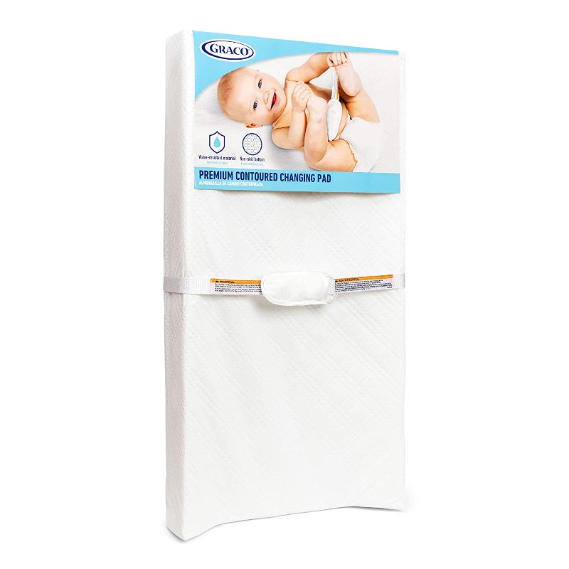 Photo 1 of Graco Premium Contoured Infant and Baby Changing Pad Ultra Soft Buckle Cover for Premium Comfort Water Resistant Baby Safety Belt NonSkid Bottom Fits Standard Changing Topper, White
