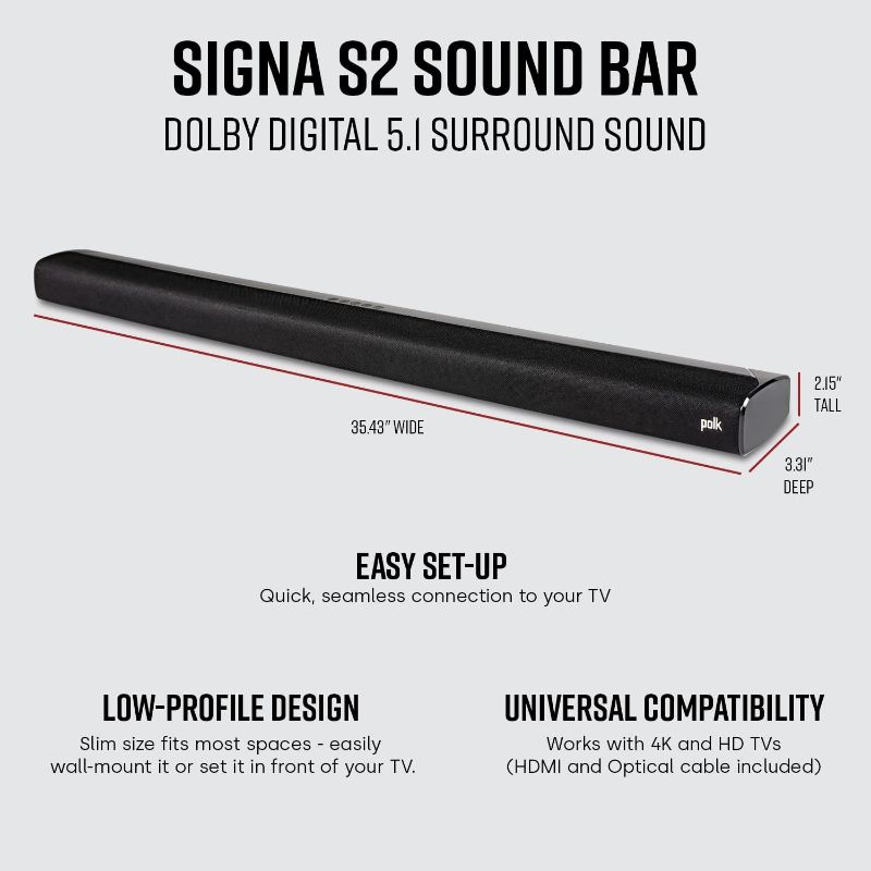 Photo 1 of Polk Audio Signa Solo Sound Bar - Works with any TV | 10X More Bass | Voice Adjust Technology | Dolby Digital Surround Decoding | Black
