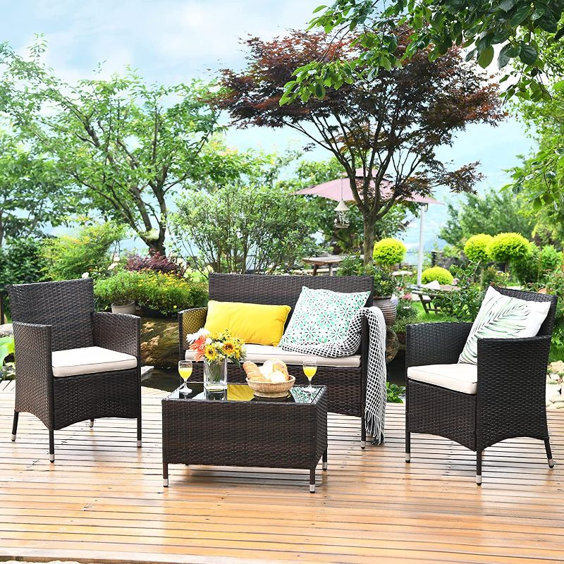 Photo 1 of **INCOMPLETE, MISSING BOX #2 **SIMILAR TO STOCK PHOTO**
Tangkula 4-PCS Patio Rattan Conversation Set, Outdoor Wicker Furniture Set with Tempered Glass Coffee Table &Thick Cushion, Rattan Chair Wicker Set for Garden, Lawn, Poolside and Backyard (1, Brown)
