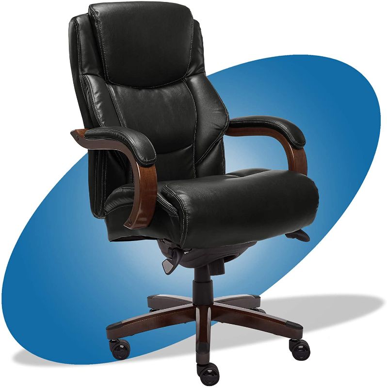 Photo 1 of **MINOR TEAR ON BACK REST**
La-Z-Boy Delano Big & Tall Executive Office Chair | High Back Ergonomic Lumbar Support, Bonded Leather, Black with Mahogany Wood Finish | 45833A
