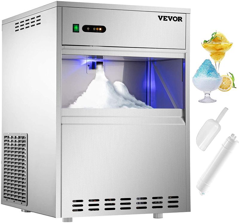 Photo 1 of **DENST**
VEVOR 110V Commercial Snowflake Ice Maker 88LBS/24H, ETL Approved, Food Grade Stainless Steel Construction, Automatic Operation, Freeatanding, Water Filter and Spoon, Perfect for Seafood Restaurant
