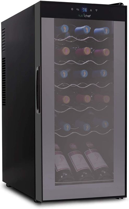 Photo 1 of **DOOR IS DETACHED FROM FRIDGE ON TOP HINGE**
NutriChef Wine Cooler Refrigerator - 18-Bottle Wine Fridge with Air-Tight Glass Door, Touch Screen Digital Temperature Control - Freestanding, Compact - For Apartment, Office, Hotel, Home Bars
