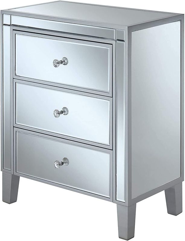 Photo 1 of **MISSING DRAWER KNOBS**
Convenience Concepts Gold Coast Large 3 Drawer Mirrored End Table, Silver / Mirror
