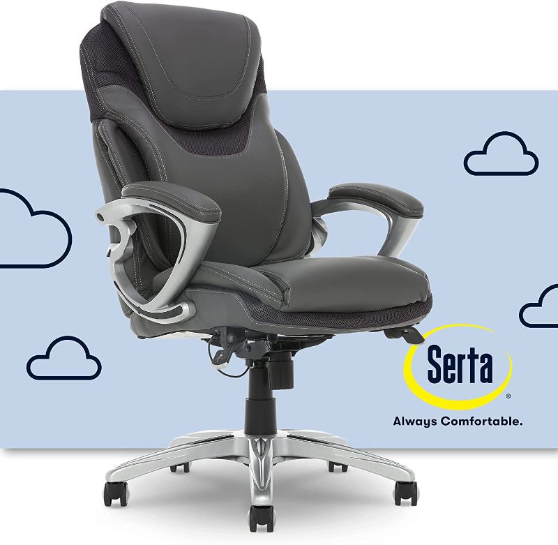 Photo 1 of **MISSING HARDWARE**
Serta AIR Health and Wellness Executive Office Chair High Back Ergonomic for Lumbar Support Task Swivel, Bonded Leather, Light Gray
