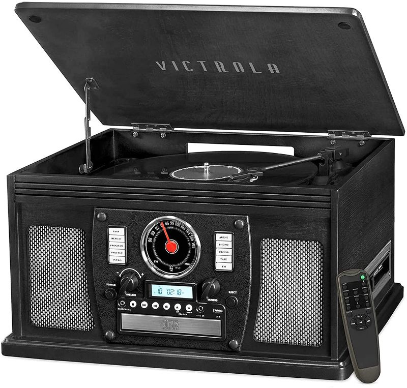 Photo 1 of ***MISSING REMOTE*** Victrola 8-in-1 Bluetooth Record Player & Multimedia Center, Built-in Stereo Speakers - Turntable, Wireless Music Streaming, Real Wood | Black
