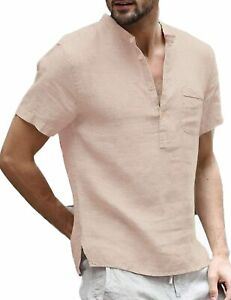 Photo 1 of Daupanzees Men Linen Henley Shirts Casual Standard Fit Short Sleeve Basic Summer Beach Henley Shirts Yoga Top Blouse Tee- SIZE XL 
