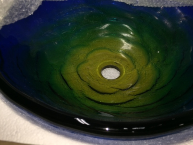 Photo 2 of 16.5 inch Green-Blue-Yellow Glass Vessel Sink & Popup Drain Set - TIS-191BN
