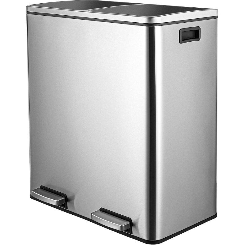 Photo 1 of **MINOR DENTS**
Increkid Dual Trash Can, 16 Gal Stainless Steel Rubbish Bin, Large Garbage Cans for Kitchen with Recycling Bin, Recycle Dustbin w/Removable Inner Buckets, Soft-close and Airtight Lid, Handles, 60L (Silver)
