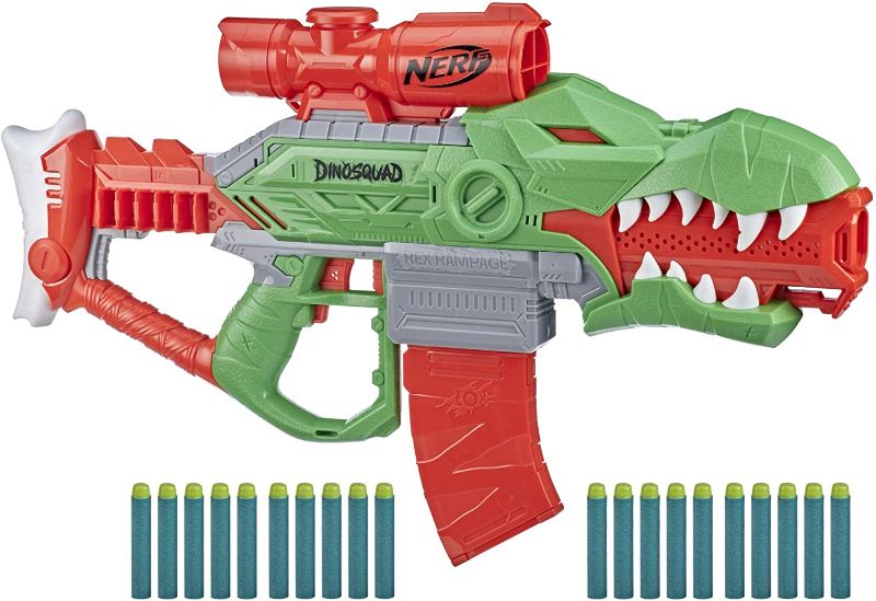 Photo 1 of NERF DinoSquad Rex-Rampage Motorized Dart Blaster, 10-Dart Clip, 20 Official Darts, 10-Dart Storage- T-Rex Dinosaur Design
