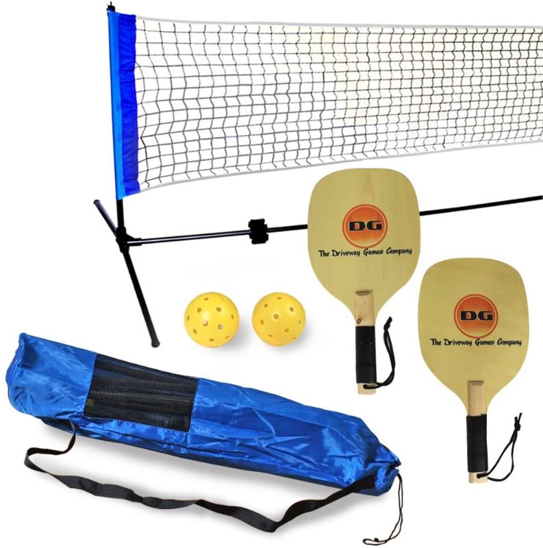 Photo 1 of Driveway Games Portable Outdoor Pickleball Set. 2 Wood Racket Paddles, 2 Pickelballs, Bag and Net System Equipment (PB-00157)
