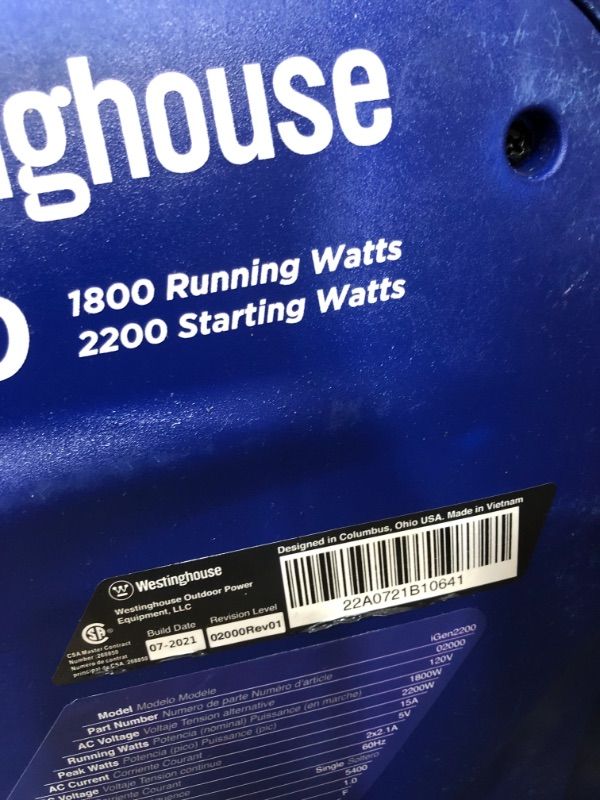 Photo 3 of ***PARTS ONLY*** Westinghouse Outdoor Power Equipment iGen2200 Super Quiet Portable Inverter Generator 1800 Rated & 2200 Peak Watts, Gas Powered, CARB Compliant
