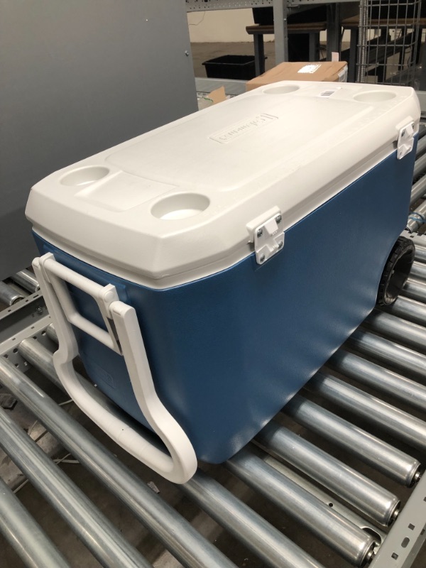 Photo 2 of *USED*
*MISSING screws, SEE last picture*
Coleman Rolling Cooler | 62 Quart Xtreme 5 Day Cooler with Wheels | Wheeled Hard Cooler Keeps Ice Up to 5 Days, Blue
